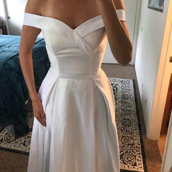Off the shoulder wedding satin aline dress - Picture 1 of 5